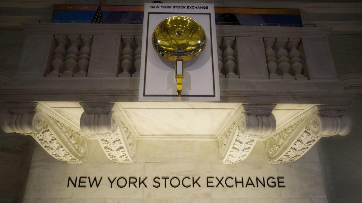 The bell hangs above the trading floor at the New York Stock Exchange.