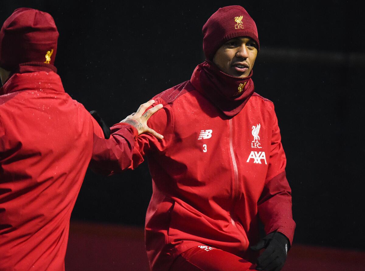 Fabinho practices with his Liverpool teammates on Nov. 7, 2019, in advance of Sunday's showdown with Manchester City.