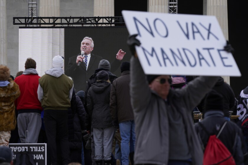 Robert F. Kennedy Jr., is broadcast on a large screen as he speaks during an anti-vaccine rally in front of the Lincoln Memorial in Washington, Sunday, Jan. 23, 2022. (AP Photo/Patrick Semansky)