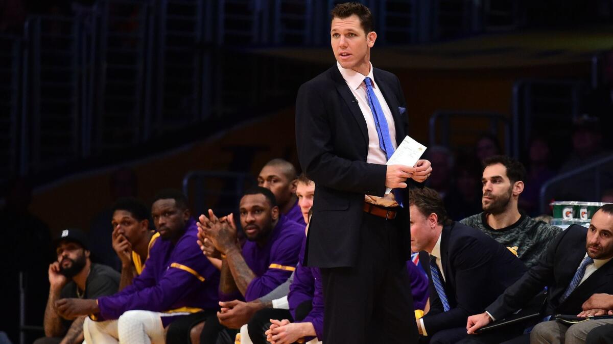 Luke Walton coaches the Lakers during a 101-89 loss to Dallas on Dec. 29 at Staples Center.