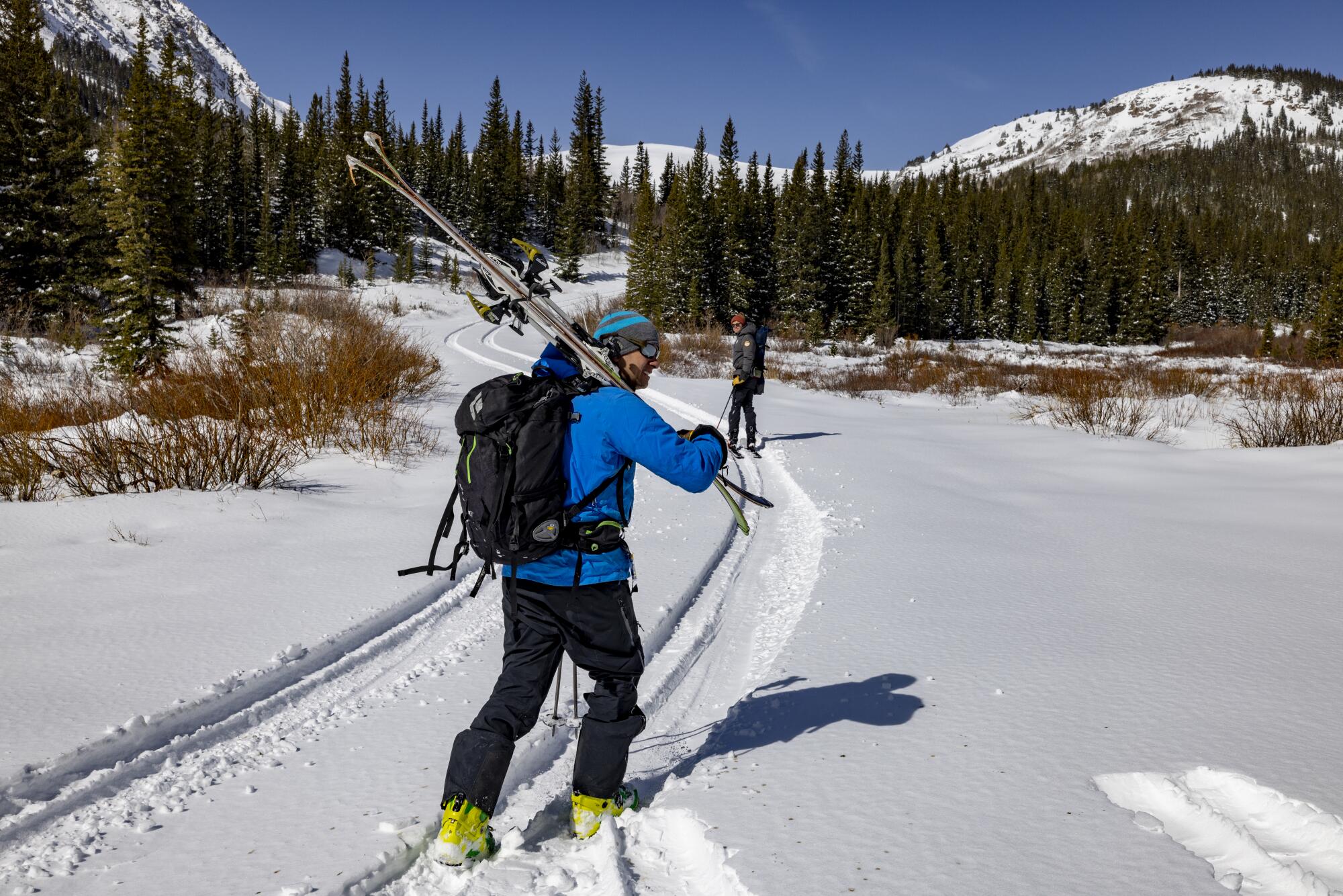 Brian Domonko skis into the wilderness to take samples and report the condition of the snowpack in Alma, Colorado
