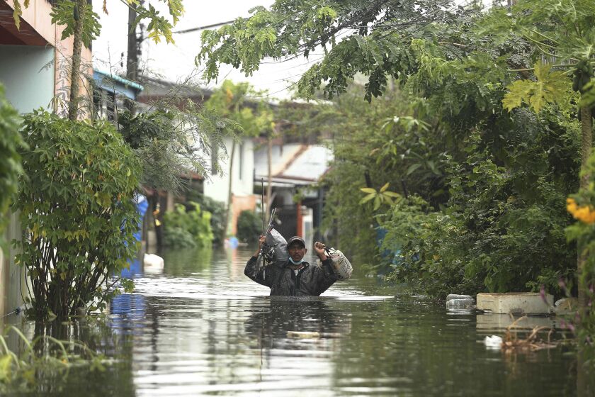 A resident wades through floodwaters, Thursday, Sept. 29, 2022, in Ubon Ratchathani province, northeastern Thailand. Heavy rains and strong winds from tropical storm Noru swept across parts of northeastern Thailand on Thursday morning, knocking down trees and triggering flash floods in several areas. (AP Photo/Nava Sangthong)
