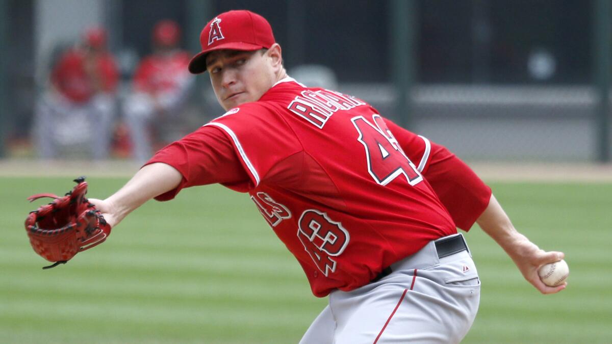Angels starter Garrett Richards delivers a pitch during the first inning of the team's 8-4 win over the Chicago White Sox in the first game of a doubleheader Tuesday.