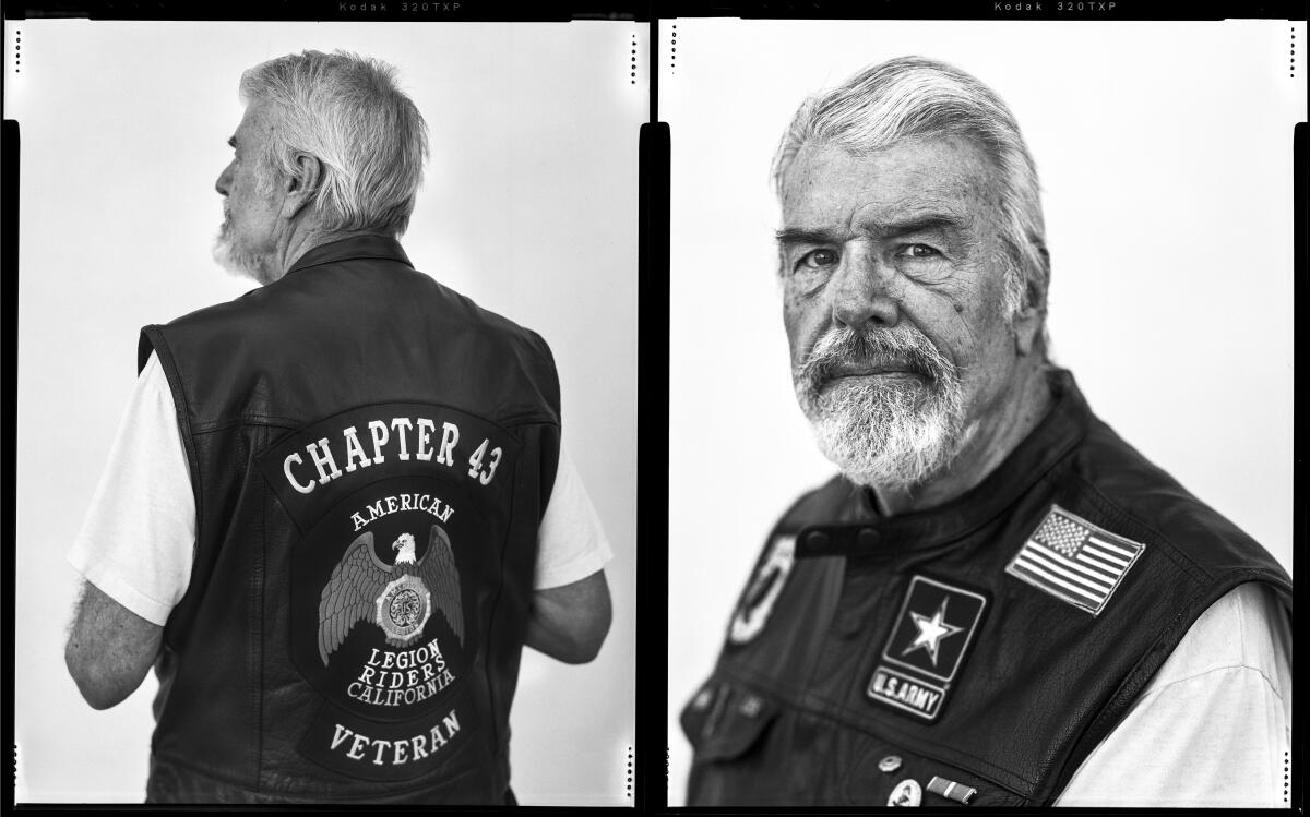 Side-by-side black and white film photos of Max Thayer, an Army veteran, wearing a motorcycle vest 