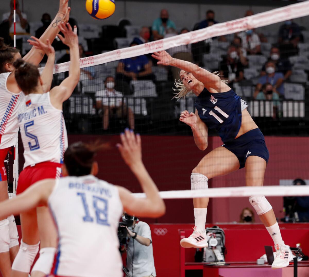 Andrea Drews of the U.S. spikes the ball during a semifinal win over Serbia on Friday at the Tokyo Olympics.