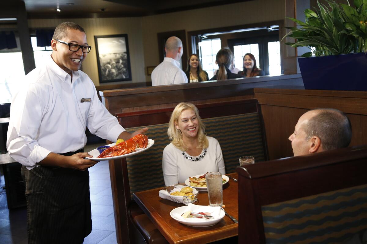 A Red Lobster server delivers a whole Maine lobster. 
