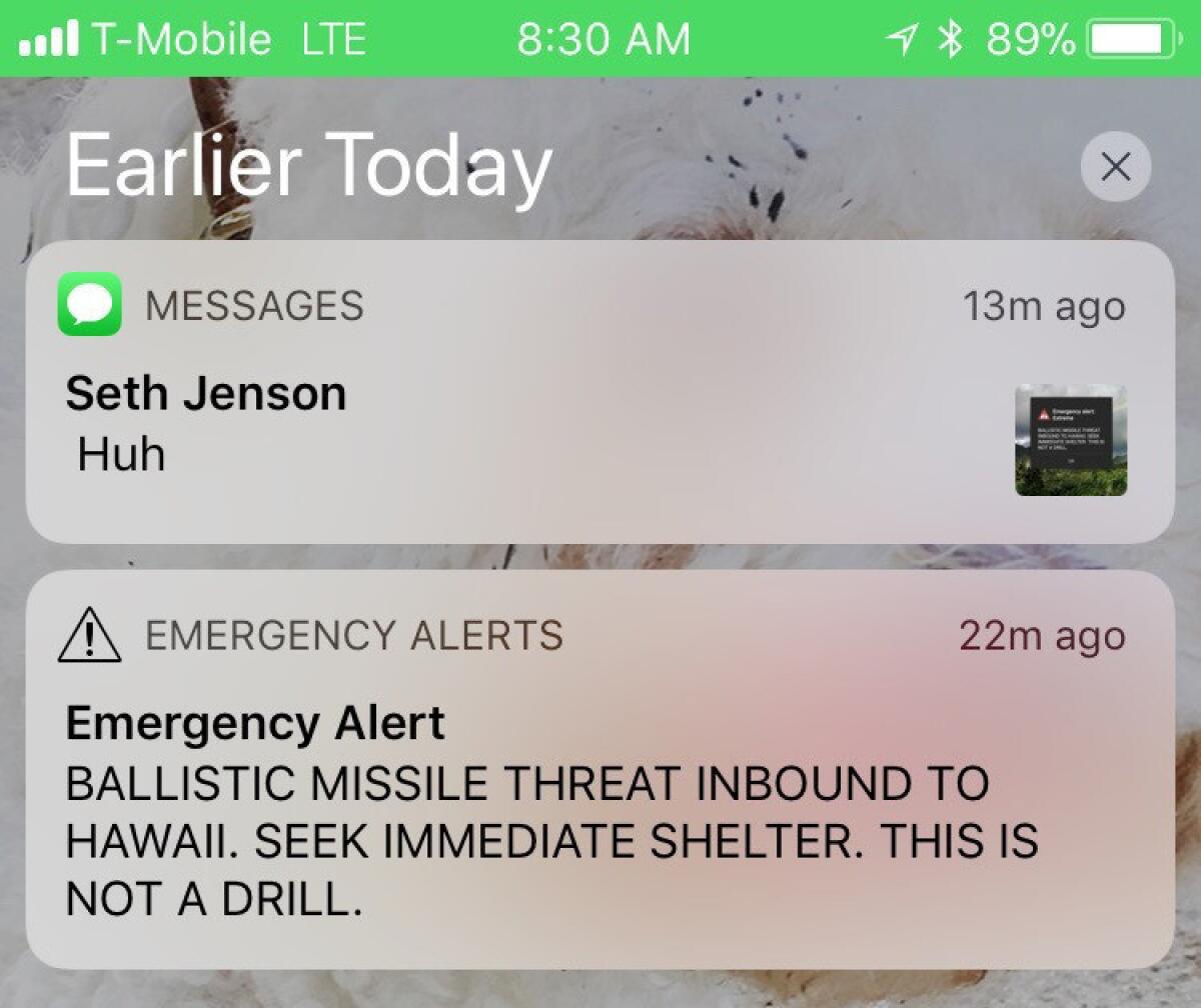 This smartphone screen capture shows a false incoming ballistic missile emergency alert sent from the Hawaii Emergency Management Agency system on Jan. 13, 2018.