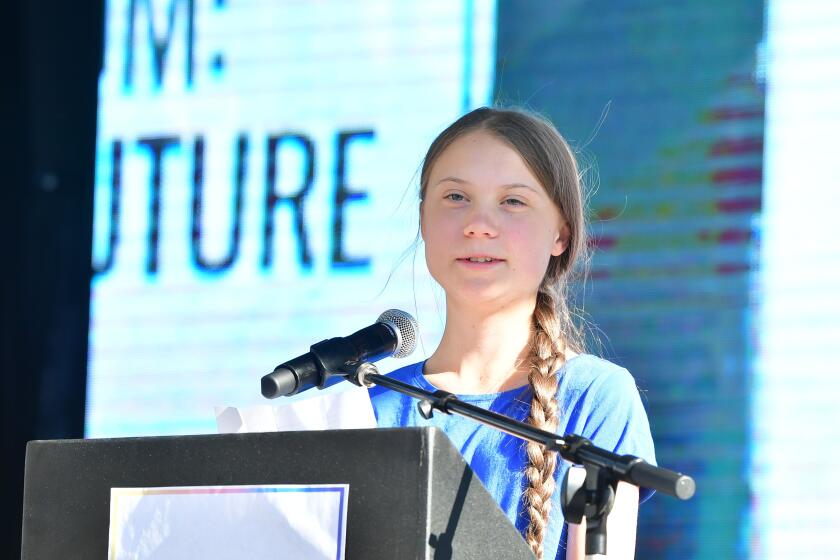 Teenage Swedish activist Greta Thunberg attends a climate action rally in Los Angeles, California on November 01, 2019. (Photo by Frederic J. BROWN / AFP) (Photo by FREDERIC J. BROWN/AFP via Getty Images)