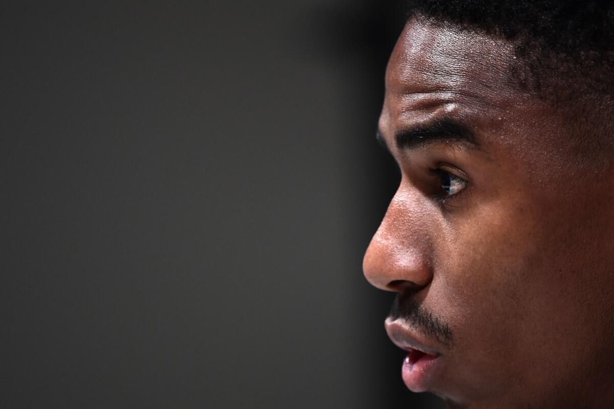 Barcelona's Spanish defender Junior Firpo speaks during a press conference on December 9, 2019 at the San Siro stadium in Milan, on the eve of the UEFA Champions League Group F football match Inter Milan vs Barcelona. (Photo by Miguel MEDINA / AFP) (Photo by MIGUEL MEDINA/AFP via Getty Images) ** OUTS - ELSENT, FPG, CM - OUTS * NM, PH, VA if sourced by CT, LA or MoD **