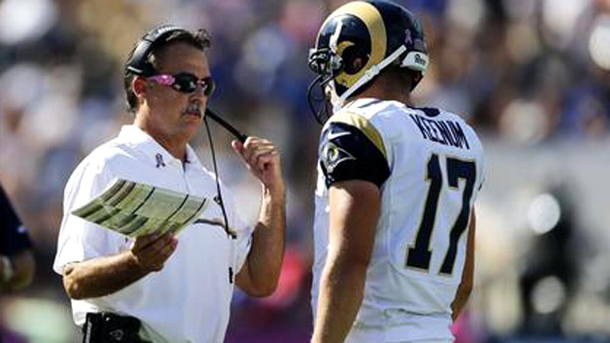 Rams quarterback Case Keenum (17) talks with Coach Jeff Fisher during their game against the Buffalo Bills.