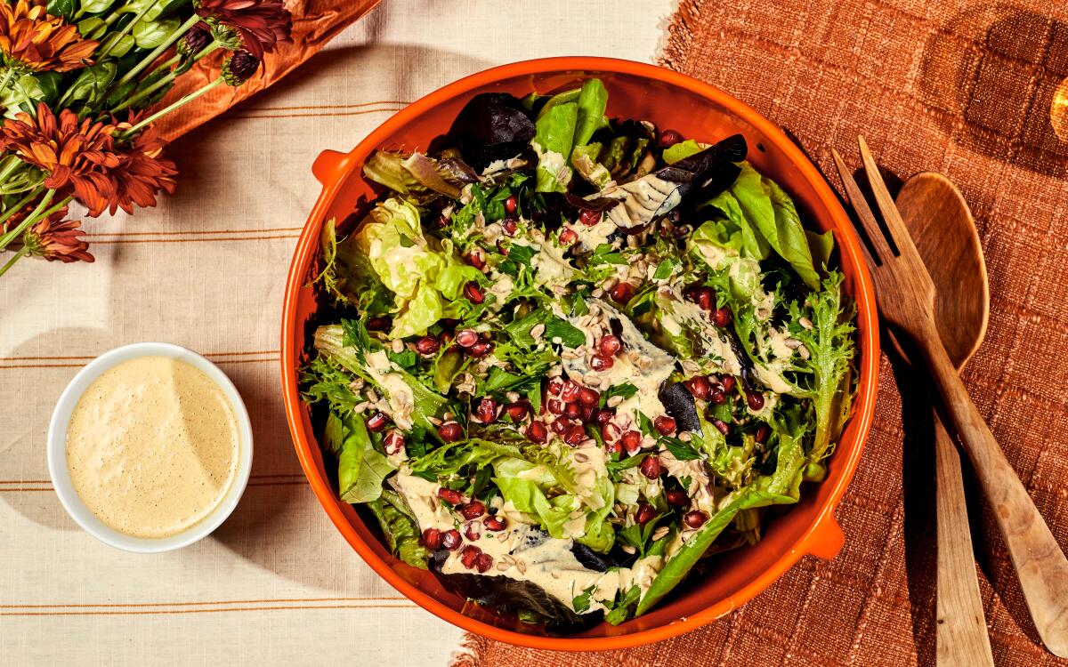 Almonds and nutritional yeast flavor a nutty salad dressing that's ideal for drizzling over fall lettuce.