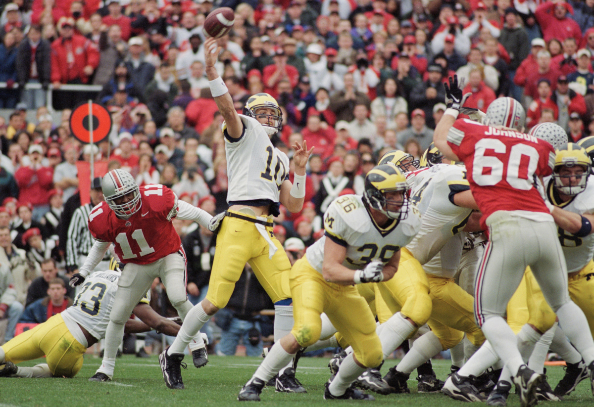 Michigan quarterback Tom Brady passes against Ohio State in November 1998.
