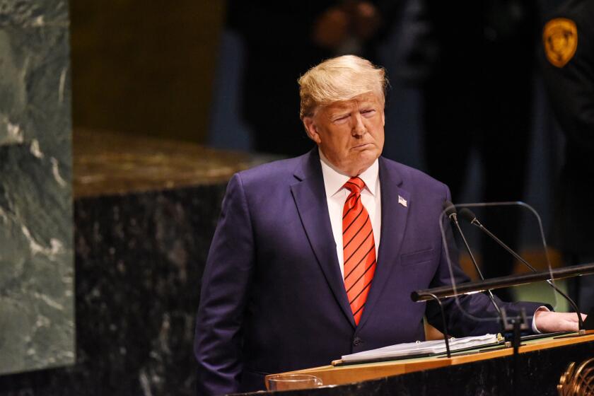NEW YORK, NY - SEPTEMBER 24: U.S. President Donald Trump speaks at the United Nations (U.N.) General Assembly at UN headquarters on September 24, 2019 in New York City. World leaders are gathered for the 74th session of the UN amid a warning by Secretary-General Antonio Guterres in his address yesterday of the looming risk of a world splitting between the two largest economies - the U.S. and China. (Photo by Stephanie Keith/Getty Images) ** OUTS - ELSENT, FPG, CM - OUTS * NM, PH, VA if sourced by CT, LA or MoD **