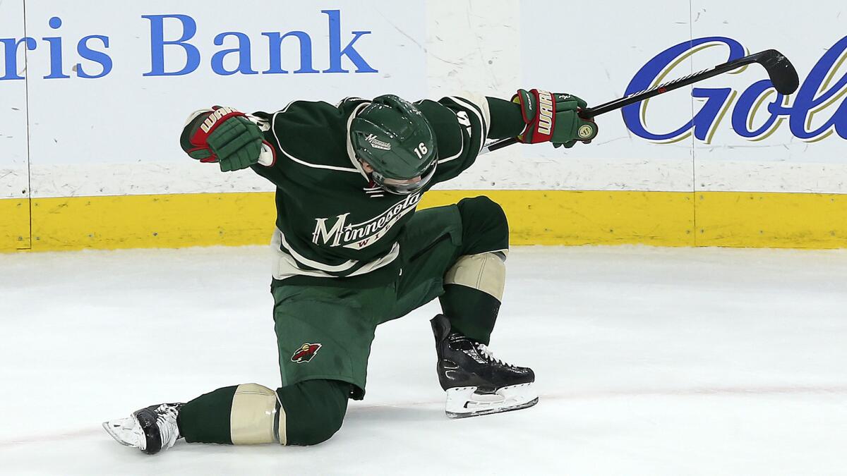 Wild left wing Jason Zucker celebrates after scoring a goal against the Ducks during the third period Saturday night.