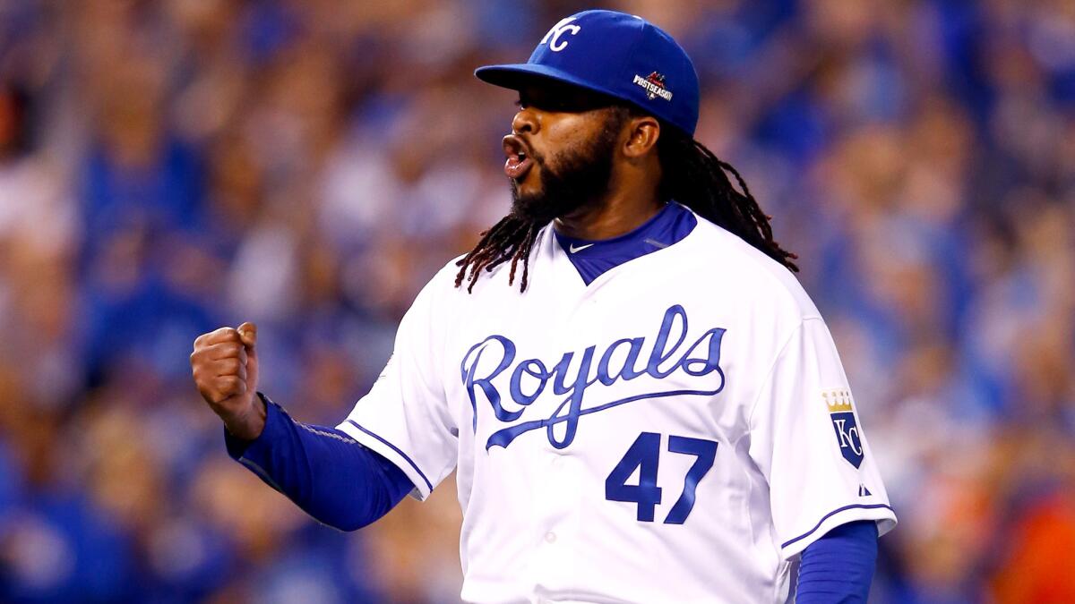 Royals starter Johnny Cueto reacts after retiring the Astros in the seventh inning of Game 5 on Wednesay night in Kansas City.