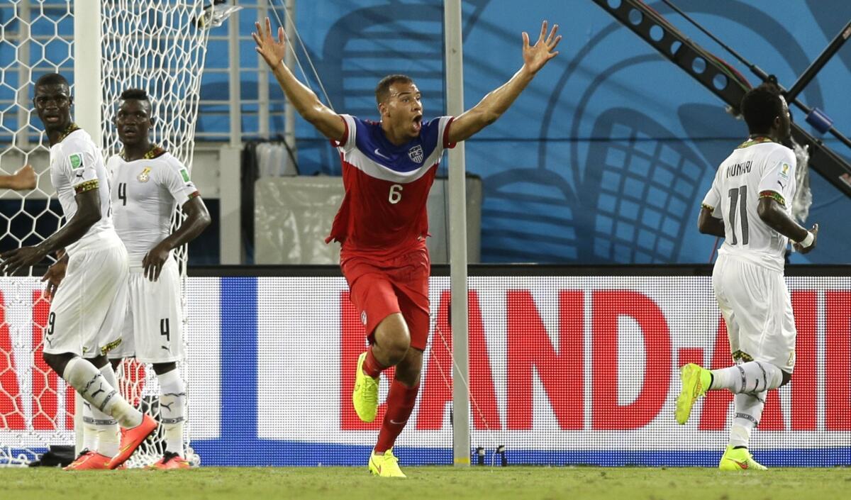 John Brooks reacts after scoring the go-ahead goal in the 86th minute of the United States' 2-1 win Monday over Ghana in its opening match of the World Cup.