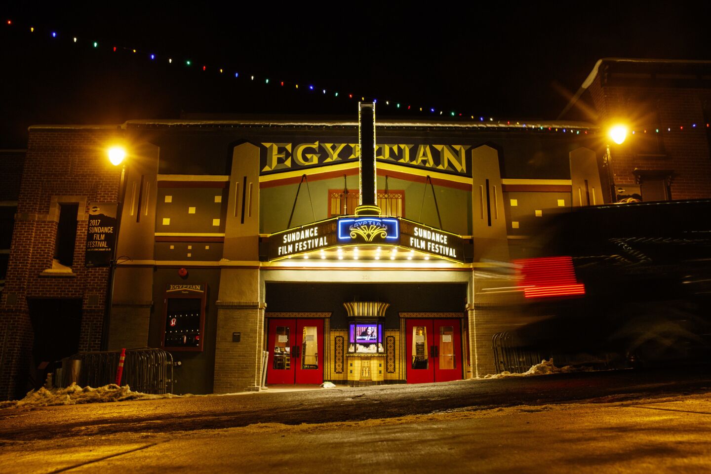 The Egyptian Theatre on Main Street, one of the major venues for the Sundance Film Festival, is lit up a few nights before the festival's opening in Park City, Utah.