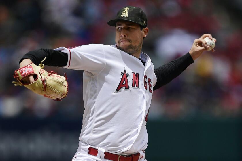 Los Angeles Angels starting pitcher Tyler Skaggs throws to the plate during the first inning of a baseball game against the Kansas City Royals Sunday, May 19, 2019, in Anaheim, Calif. (AP Photo/Mark J. Terrill)