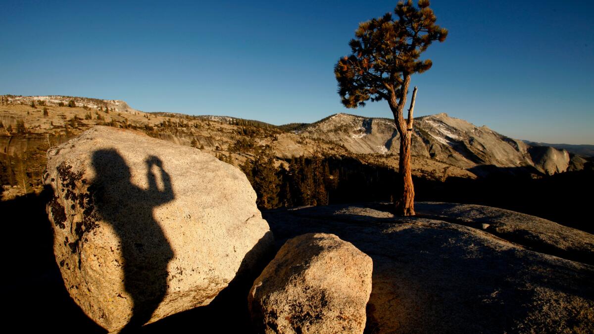 The shadow of a photographer is cast on a boulder at Olmsted Point in the high country off Tioga Road in Yosemite National Park.