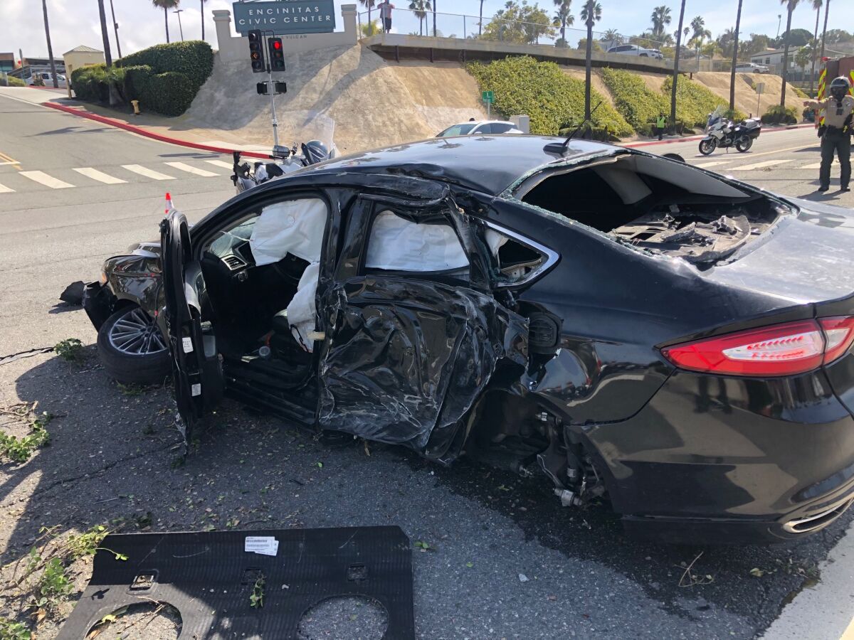 Sedan heavily damaged in Encinitas crash