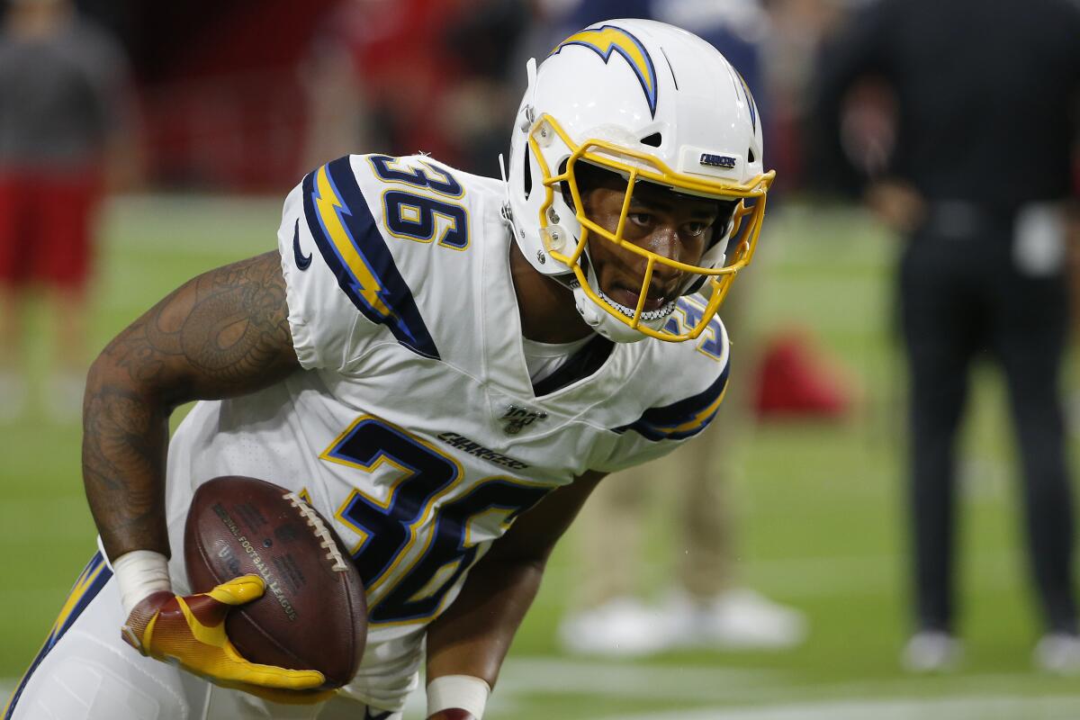 Chargers defensive back Roderic Teamer Jr. warms up before a preseason game against the Cardinals on Aug. 8.