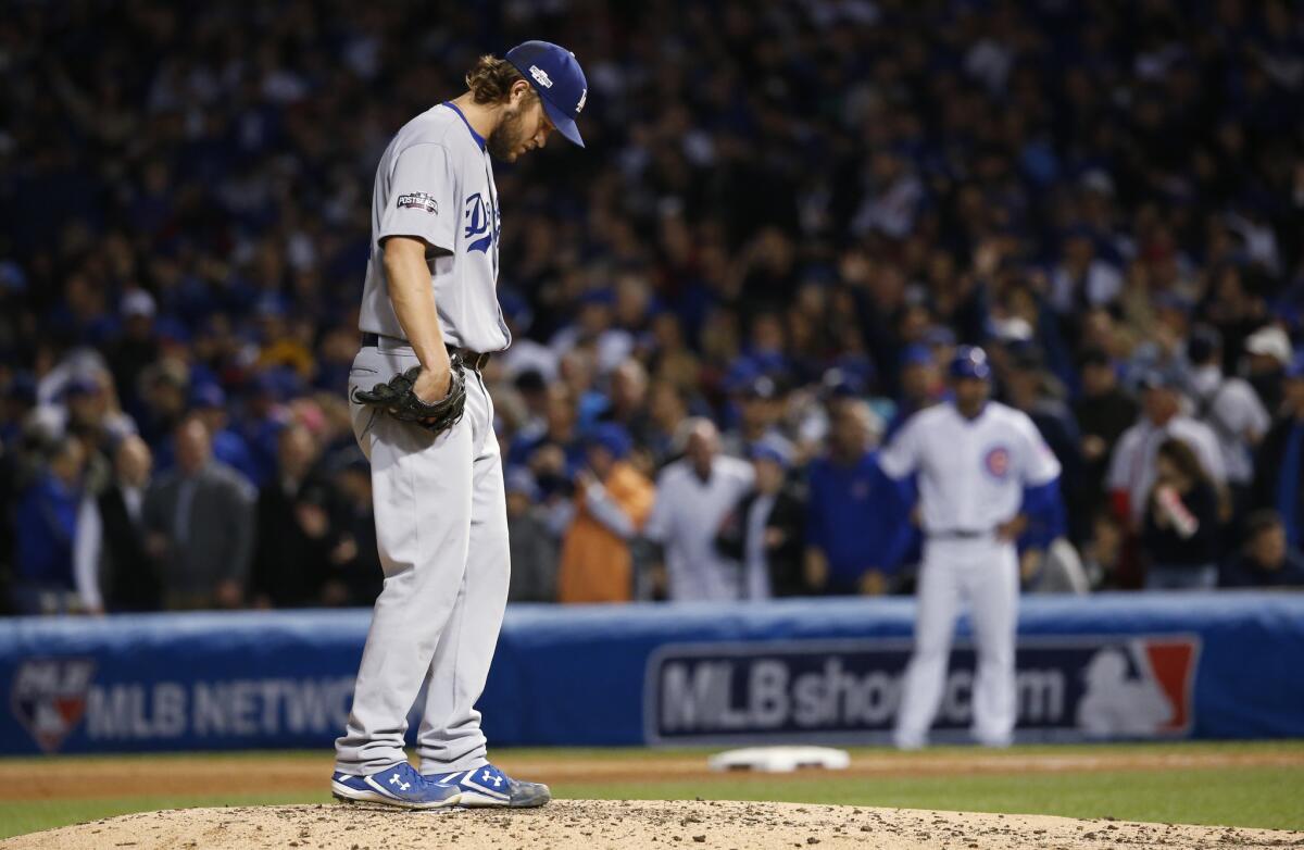 Los Angeles Dodgers starting pitcher Clayton Kershaw on the mound in a playoff game in Chicago on Oct. 22.