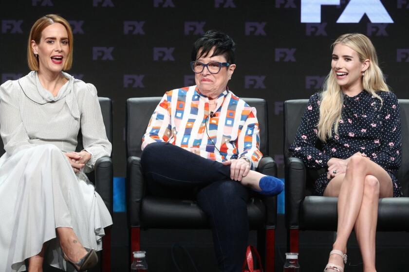 BEVERLY HILLS, CA - AUGUST 03: (L-R) Actors Sarah Paulson, Kathy Bates, and Emma Roberts speak onstage at the 'American Horror Story: Apocalypse' panel during the FX Network portion of the Summer 2018 TCA Press Tour at The Beverly Hilton Hotel on August 3, 2018 in Beverly Hills, California. (Photo by Frederick M. Brown/Getty Images) ** OUTS - ELSENT, FPG, CM - OUTS * NM, PH, VA if sourced by CT, LA or MoD **