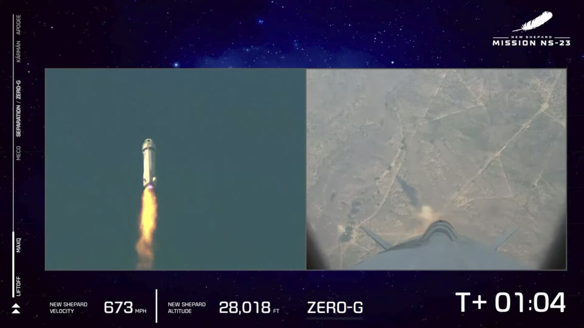 In this image from video made available by Blue Origin, the New Shepard rocket lifts off from the company's West Texas site on Sept. 12, 2022. An overheated rocket engine nozzle caused the failure of this launch that has grounded flights for six months, the company said Friday, March 24, 2023. The vehicle was carrying experiments but no passengers. (Blue Origin via AP)