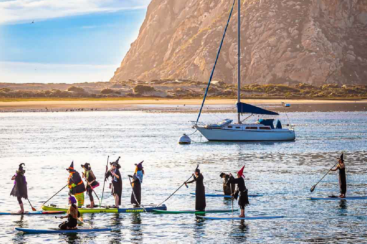 Several people dressed in witch outfits paddle on paddleboards at golden hour in the waters in front of Morro Rock