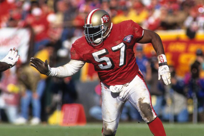 San Francisco 49ers linebacker Rickey Jackson during a playoff game against the Dallas Cowboys in January 1995.