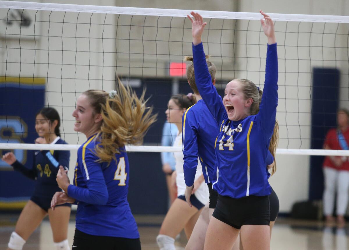 Fountain Valley's Phoebe Minch (4), shown celebrating with Lauren Mena at Marina on Oct. 15, helped the Barons sweep St. Margaret's in the first round of the CIF Southern Section Division 3 playoffs on Thursday.