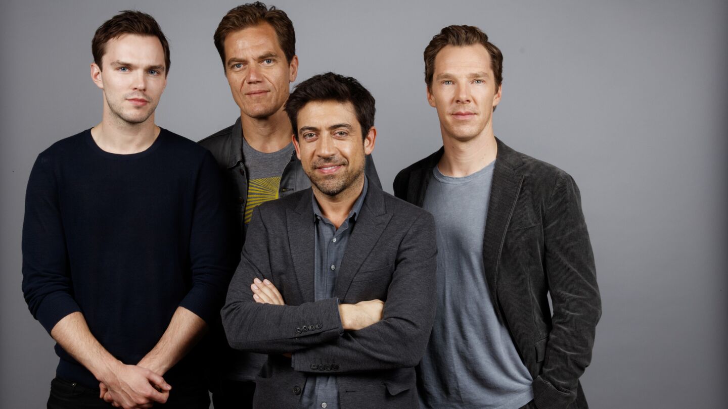 Actor Nicholas Hoult, actor Michael Shannon, director Alfonso Gomez-Rejon and actor Benedict Cumberbatch, from the film "The Current War."