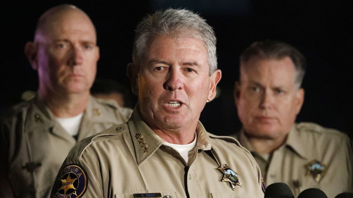 Ventura County Sheriff Geoff Dean announces the death of Sheriff's Sgt. Ron Helus outside the shooting scene at Borderline Bar and Grill on Wednesday night in Thousand Oaks.