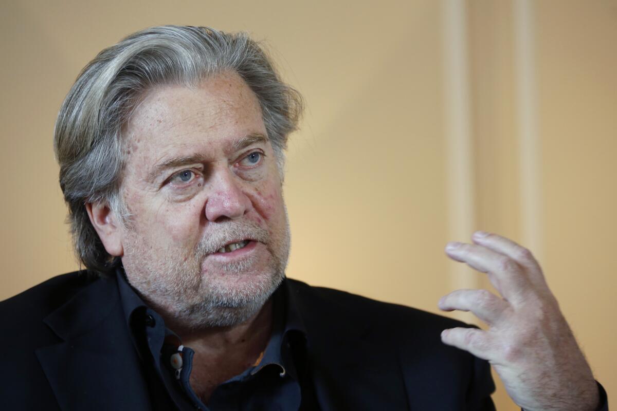 FILE - In this Monday, May 27, 2019 file photo, former White House strategist Steve Bannon poses prior to an interview with The Associated Press, in Paris. Italy’s top administrative court, the Council of State, has ruled Monday March 15, 2021, against a conservative think tank affiliated with former White House adviser Steve Bannon over its use of the Certosa di Trisulti monastery, located in the province of Frosinone south of Rome, to train future populist leaders. (AP Photo/Thibault Camus, file)