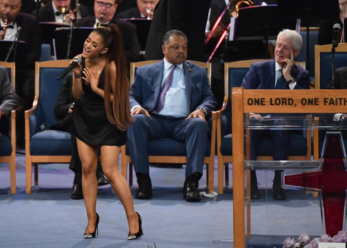Ariana Grande performs at funeral services for Aretha Franklin.