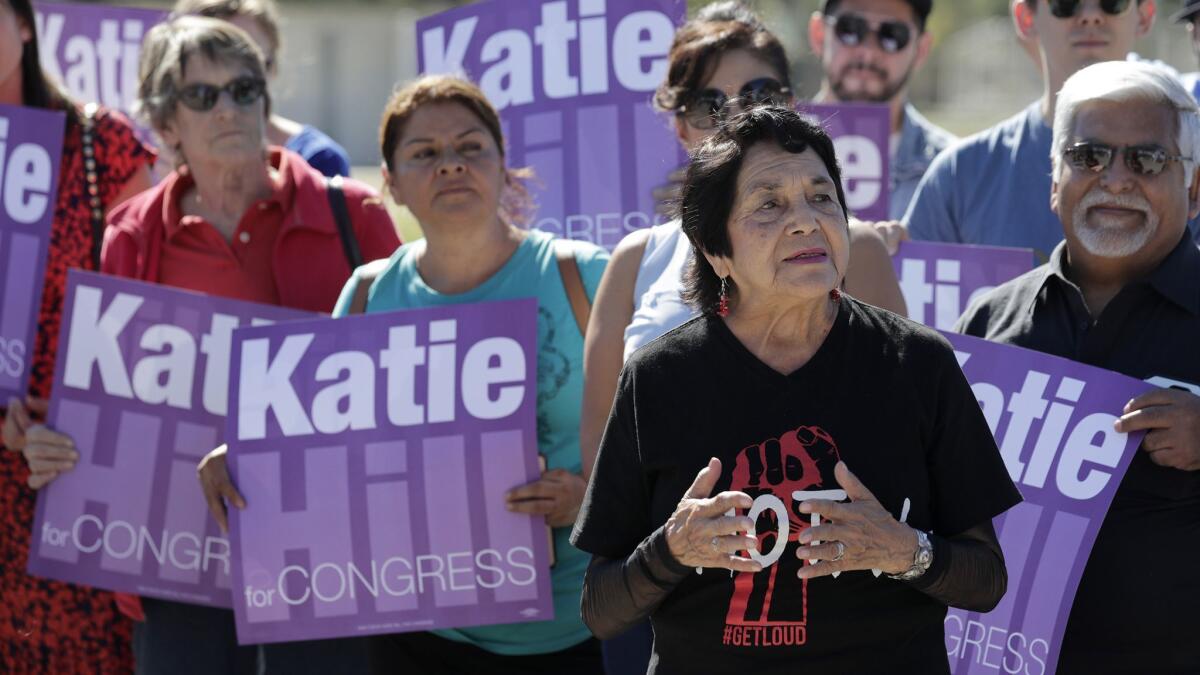 Latina civil rights activist Dolores Huerta speaks at a rally for Katie Hill, Democratic candidate in California's 25th Congressional District.