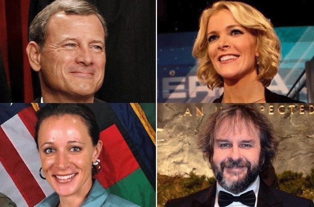 The Times editorial board puts Chief Justice John G. Roberts Jr., top left, and Fox anchor Anchor Megyn Kelly, top right, on its "nice" list. On the "naughty" list, among others: David H. Petraeus' biographer Paula Broadwell, bottom left, and "Hobbit" director Peter Jackson, bottom right.