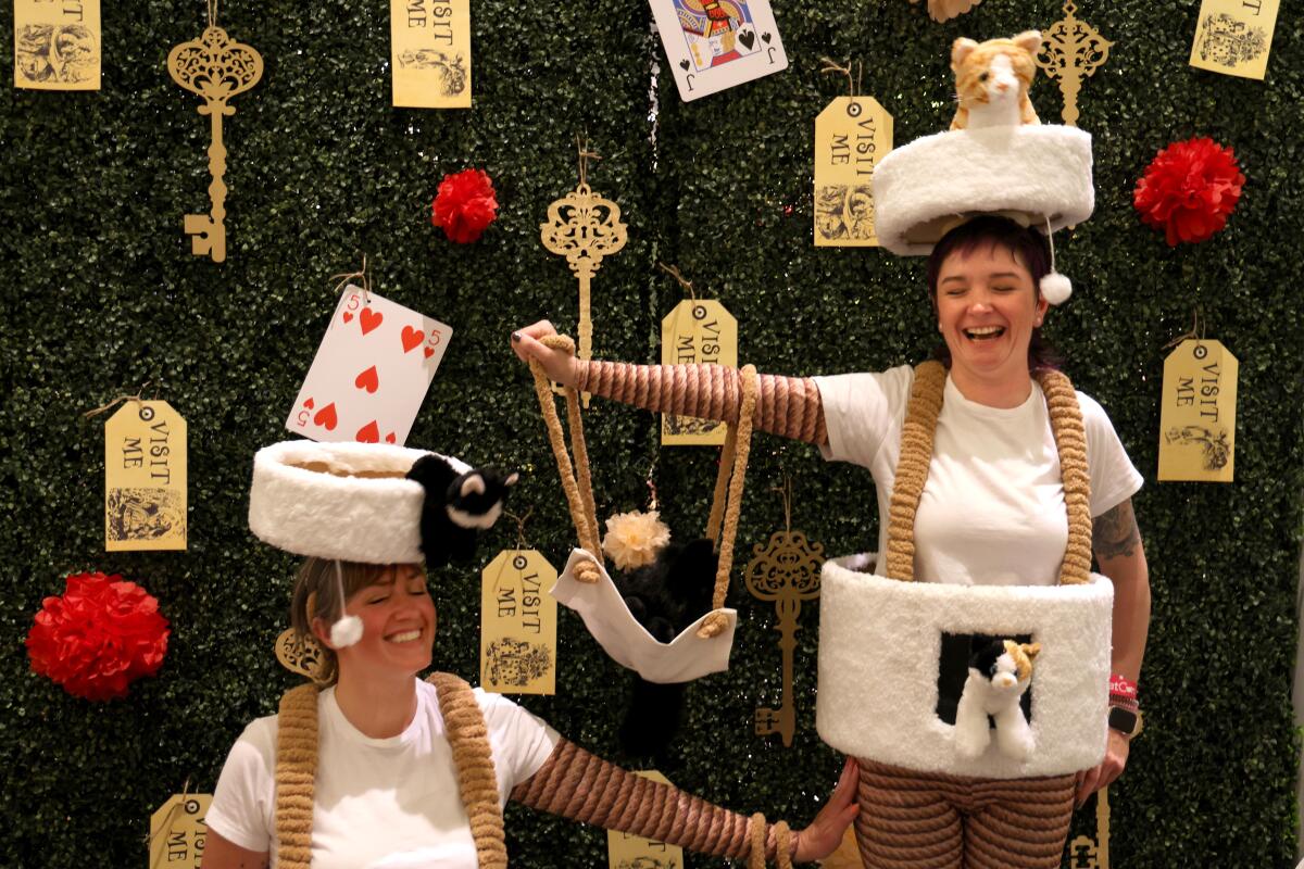 Two people posing in whimsical costumes that look like cat trees with stuffed cats.