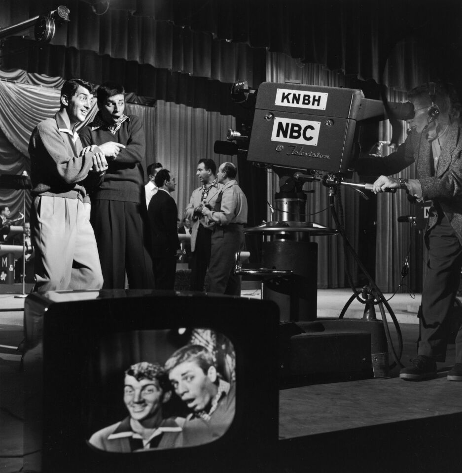 Comedy team Jerry Lewis and Dean Martin performing on the set of the television show "Hollywood vs TV."