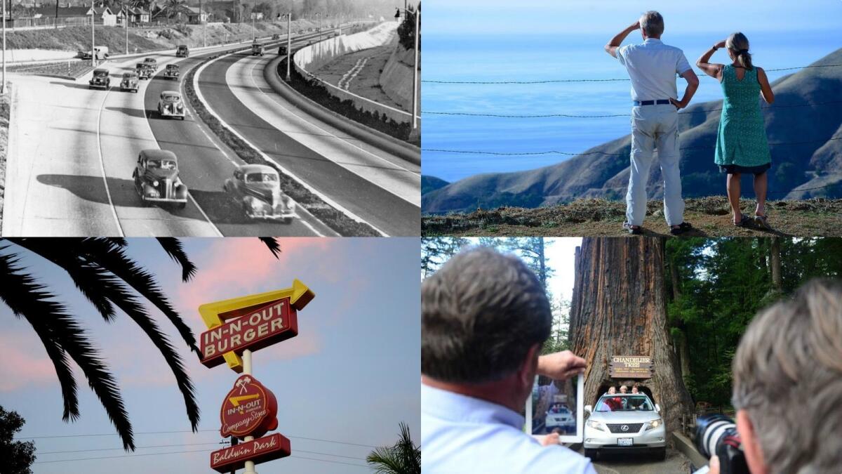 Clockwise from left, an L.A. Times file photo of the 110 Freeway near Pasadena; tourists on Nacimiento-Fergusson Road in Big Sur; the Chandelier Tree in Leggett; In-N-Out Burger in Baldwin Park.