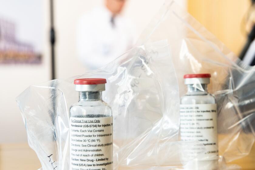 Vials of the drug Remdesivir lie during a press conference about the start of a study with the Ebola drug Remdesivir in particularly severely ill patients at the University Hospital Eppendorf (UKE) in Hamburg, northern Germany on April 8, 2020, amidst the new coronavirus COVID-19 pandemic. (Photo by Ulrich Perrey / POOL / AFP) (Photo by ULRICH PERREY/POOL/AFP via Getty Images)