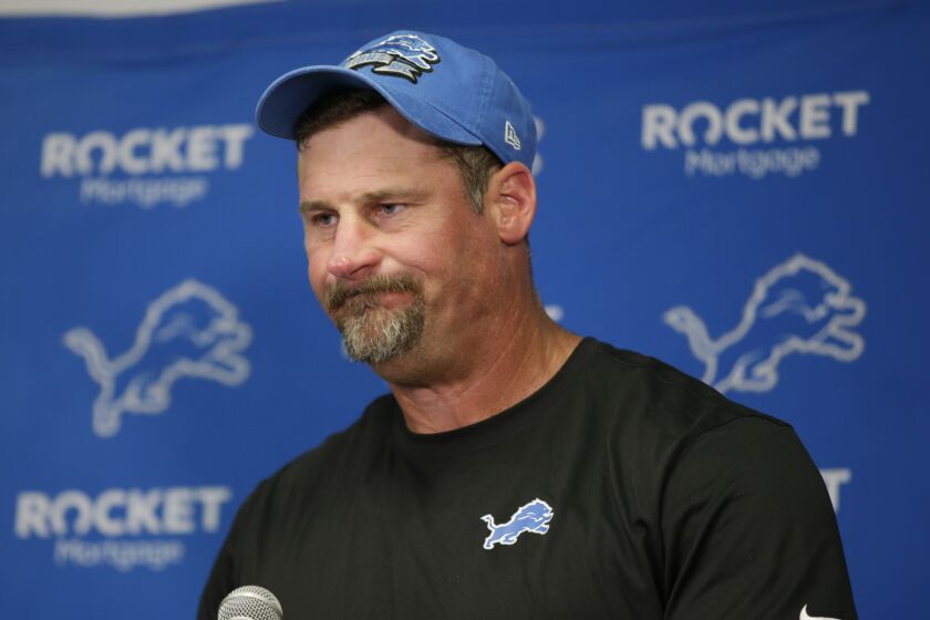 Detroit Lions head coach Dan Campbell speaks during a news conference after an NFL football game against the Minnesota Vikings, Sunday, Sept. 25, 2022, in Minneapolis. The Vikings won 28-24. (AP Photo/Andy Clayton-King)
