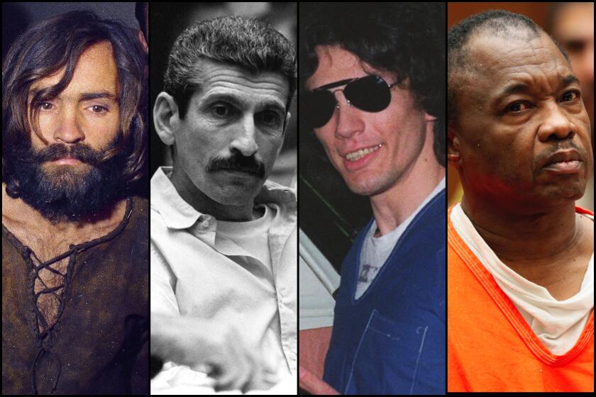 Staring in the late 1960's one lurid cruder after another spawned outrage and harsh sentencing allows in California. Above from left, Charles Manson, Angelo Buono Jr, Richard Ramirez and Lonnie Franklin Jr.