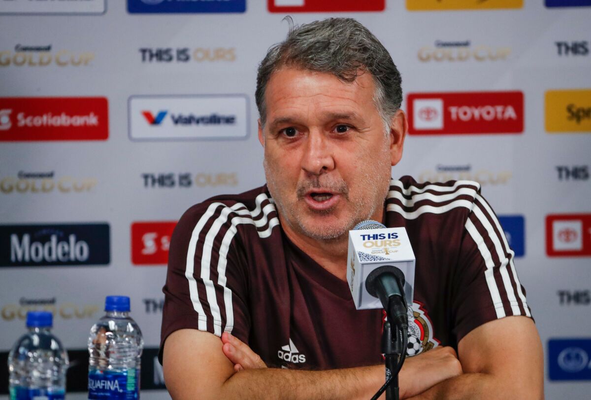 Mexico head coach Gerardo Martino speaks during a press conference before a training session at Soldier Field on July 6, 2019 in Chicago, Illinois, a day before the 2019 Concacaf Gold Cup final between Mexico and United States. (Photo by KAMIL KRZACZYNSKI / AFP)KAMIL KRZACZYNSKI/AFP/Getty Images ** OUTS - ELSENT, FPG, CM - OUTS * NM, PH, VA if sourced by CT, LA or MoD **