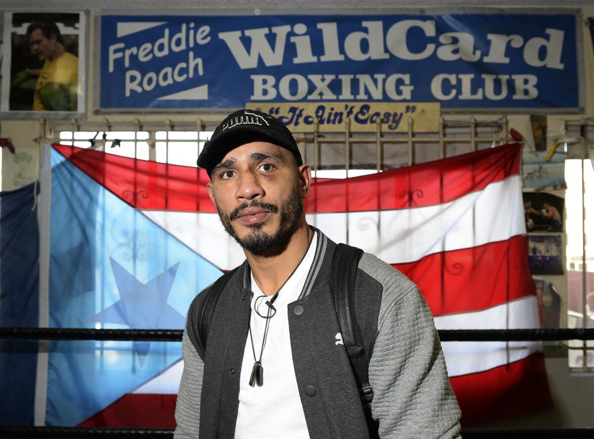 Boxer Miguel Cotto poses in front of flag of Puerto Rico after a workout at Wild Card Boxing Club on Nov. 4.