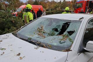 A windshield is seen destroyed as the result of storm damage in Wernigerode, Germany, Thursday, Nov. 2, 2023. Recording-breaking winds in France and across much of western Europe left at least five people dead and injured several others. (Matthias Bein/dpa via AP)