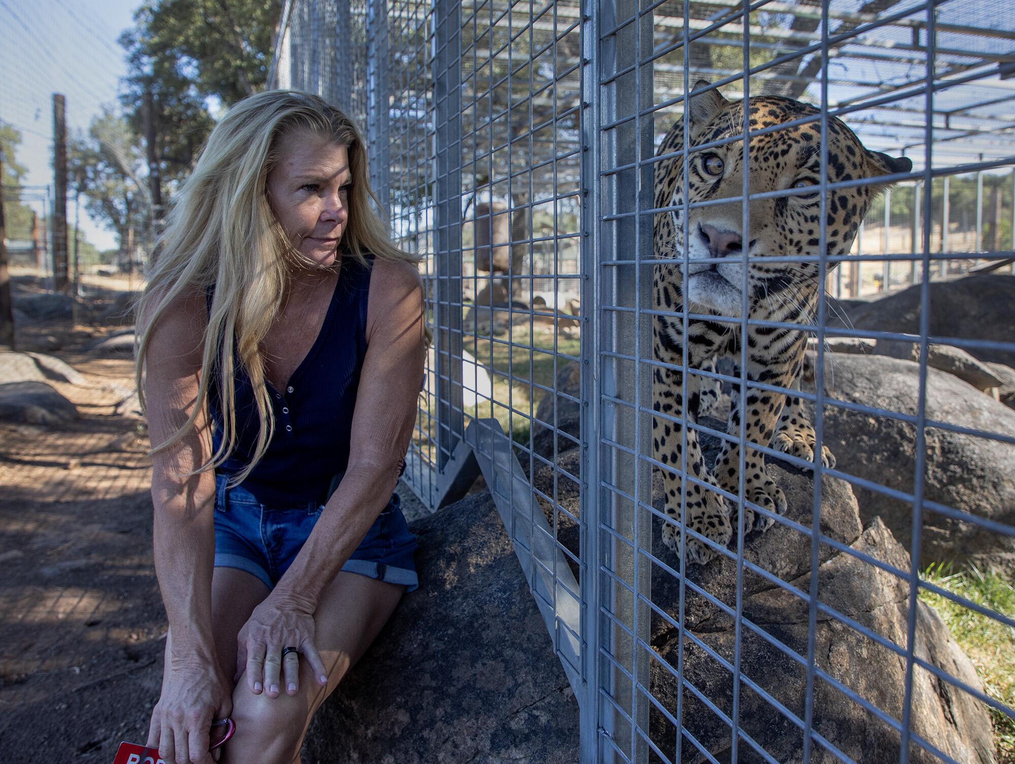 Bobbi Brink hangs out with Eddie the jaguar