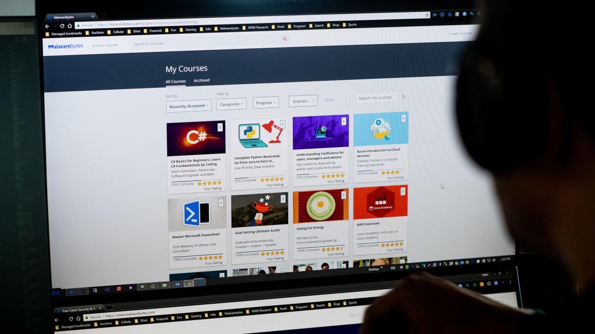 Malwarebytes quality assurance engineer Noah Christianson-Stafford views his Udemy course progress.