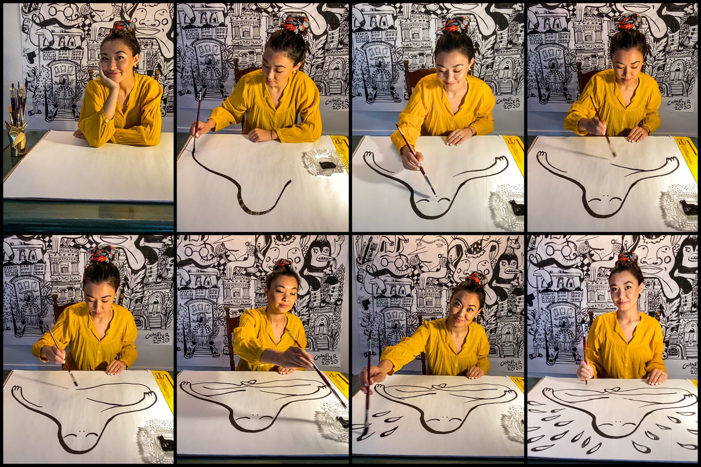 Chanel Miller demonstrates her art in a grid of screenshots taken via FaceTime on iPad.