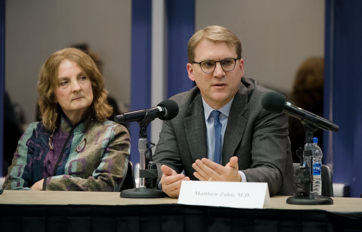 Matthew Zahn, medical director for the Orange County Health Care Agency’s Division of Epidemiology & Assessment, speaks at a UCI public seminar Monday about novel coronavirus.